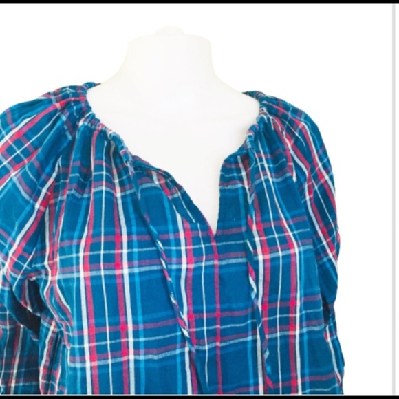 NWT GAP Plaid Blouse/Top With Front Drawstring & Tie Front Keyhole Blue/Red Sz S - Picture 4 of 8